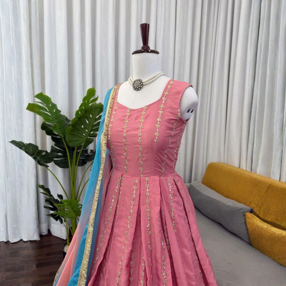 Chinon Silk Anarkali Suit Set with Sequin Thread Work & Organza Dupatta