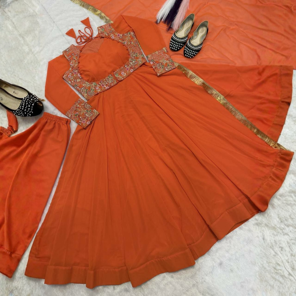 Faux Georgette Embroidered Maxi Anarkali Pant Set with Designer Koti & Dupatta