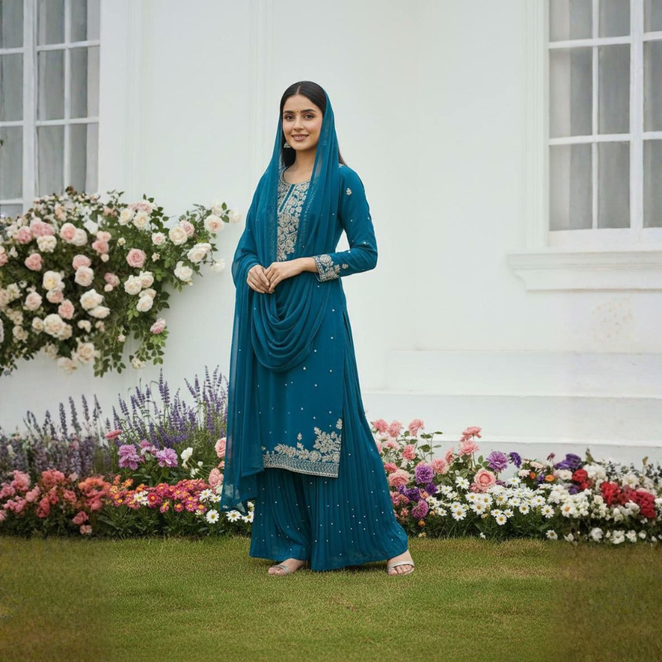 Women’s Heavy Faux Georgette Embroidered Palazzo Suit Set with Dupatta