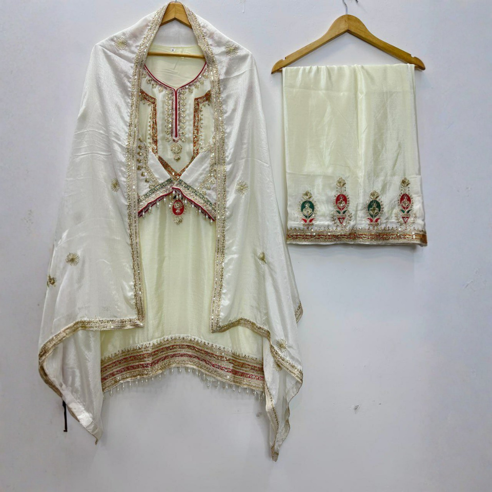 Women’s Chinon Silk Embroidered Sequin Kurta Palazzo Set with Dupatta