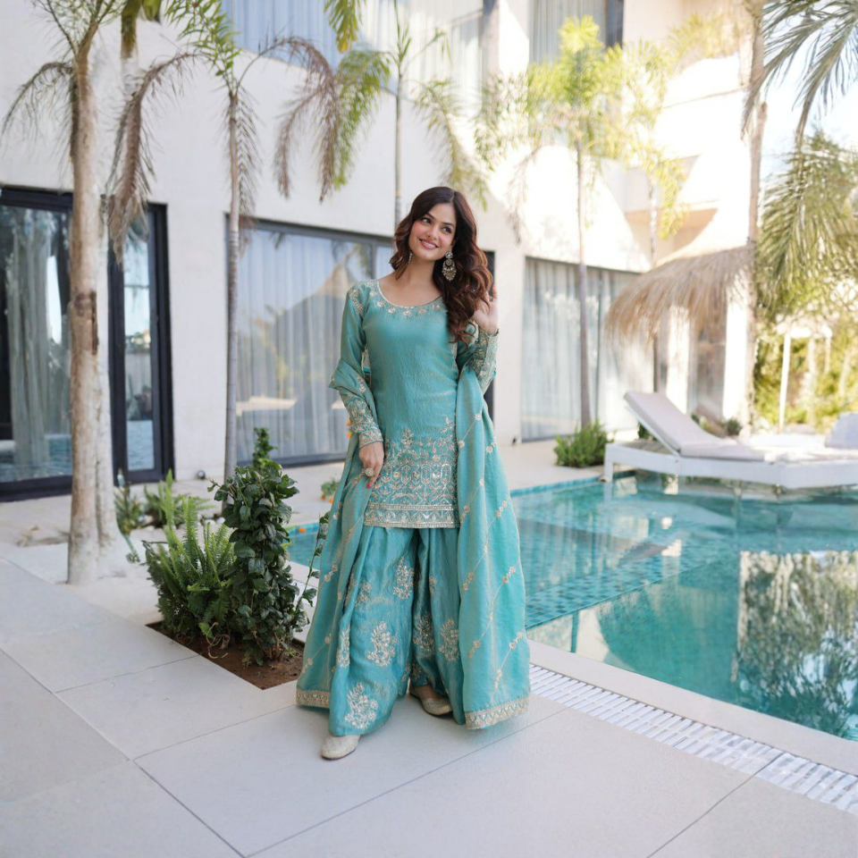 Fendi Crush Embroidered Kurti Sharara Set with Zari & Sequins Work