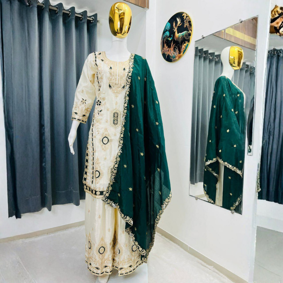 Eid Special Chinon Silk Embroidered Sequins Kurti Palazzo Dupatta Set