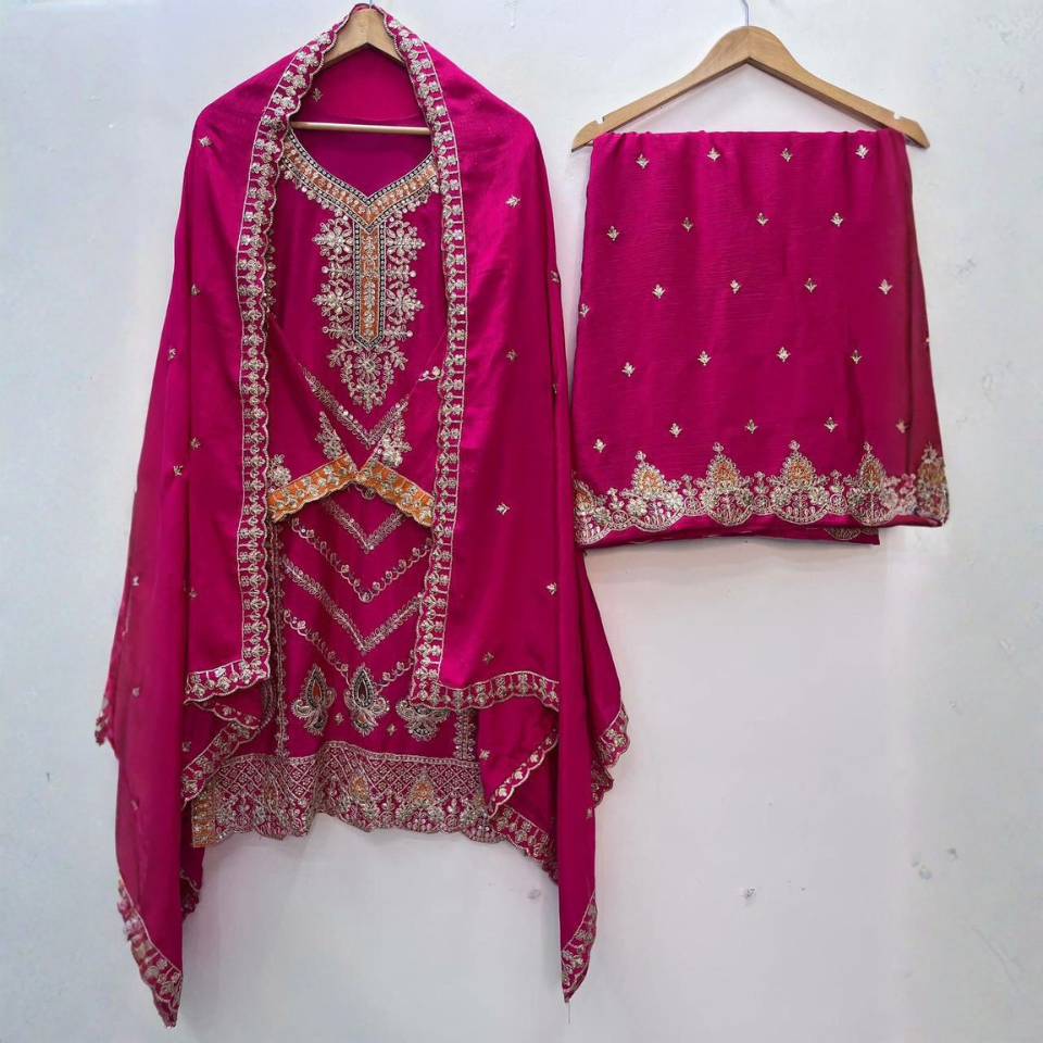 Chinon Silk Embroidered Sequence Top Plazzo Set with Dupatta