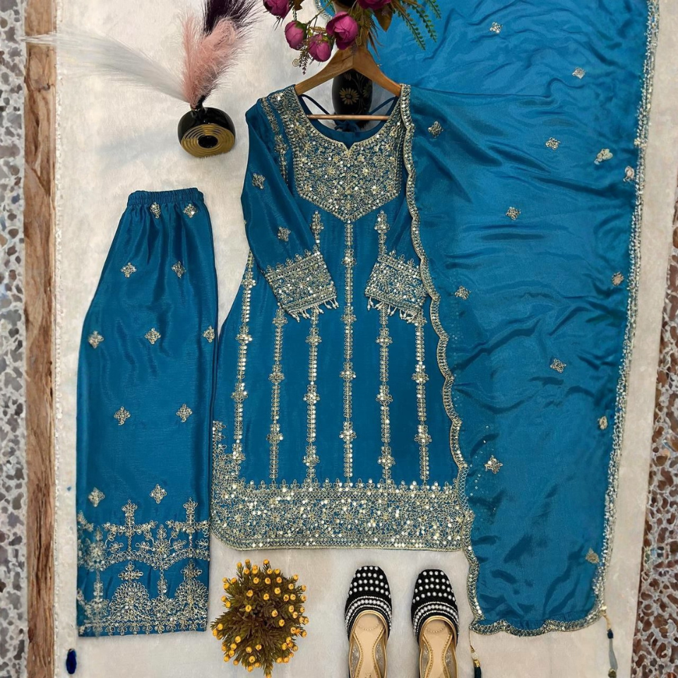 Premium Chinnon Silk Embroidered Kurti Plazzo Set with Lace Border Dupatta