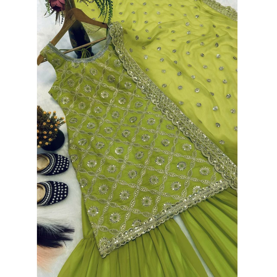 Heavy Faux Georgette Embroidered Sharara Suit Set with Lace Border Dupatta