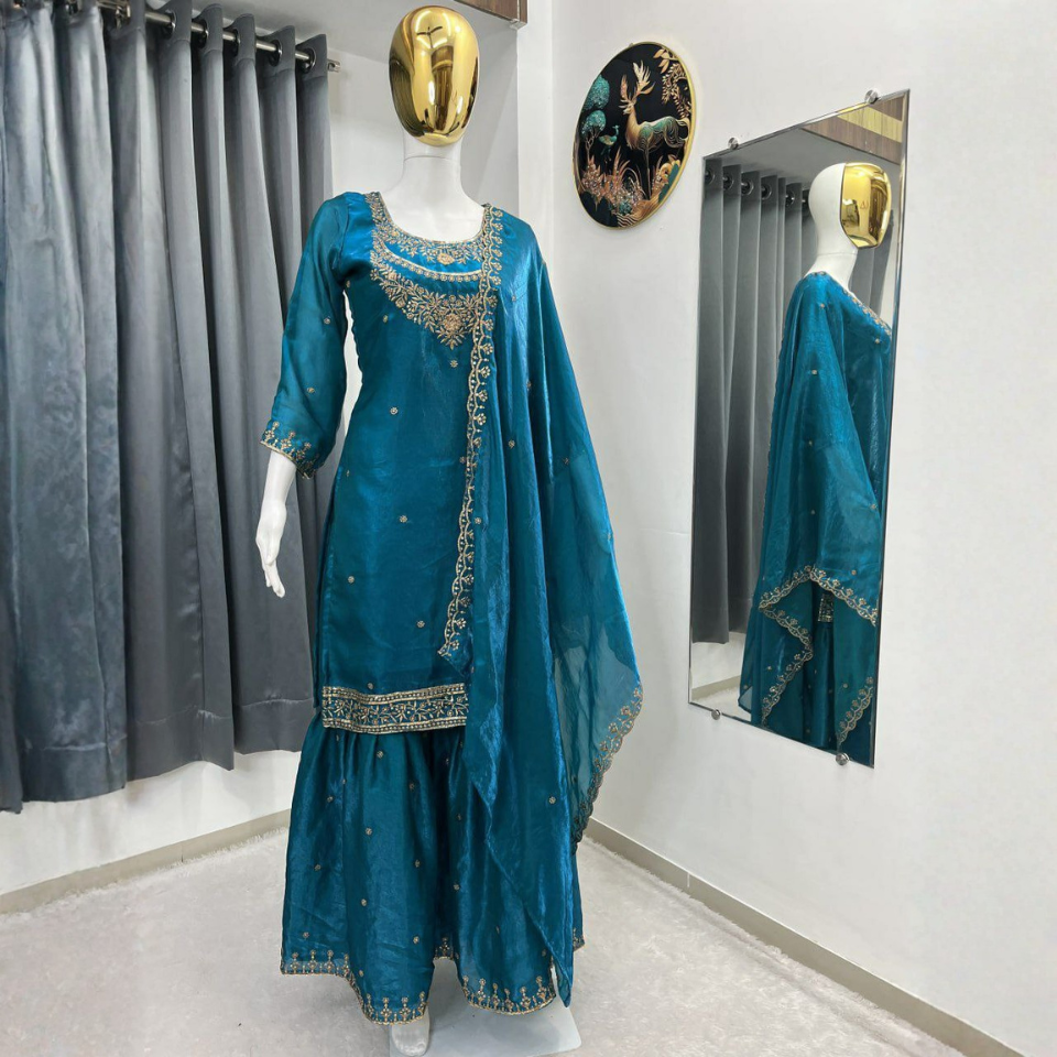 Fendy Fabric Heavy Embroidery Sequence Work Sharara Set with Dupatta