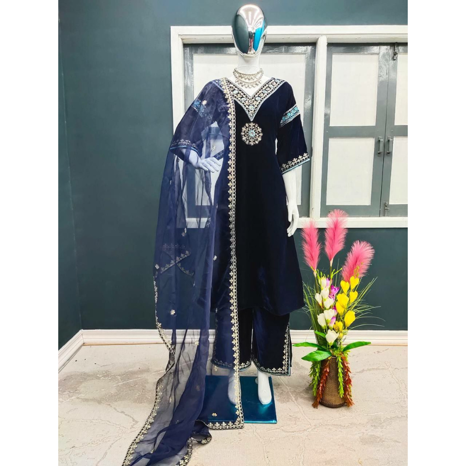 Heavy Viscose Velvet Embroidered Kurta Plazzo Set with Organza Silk Dupatta