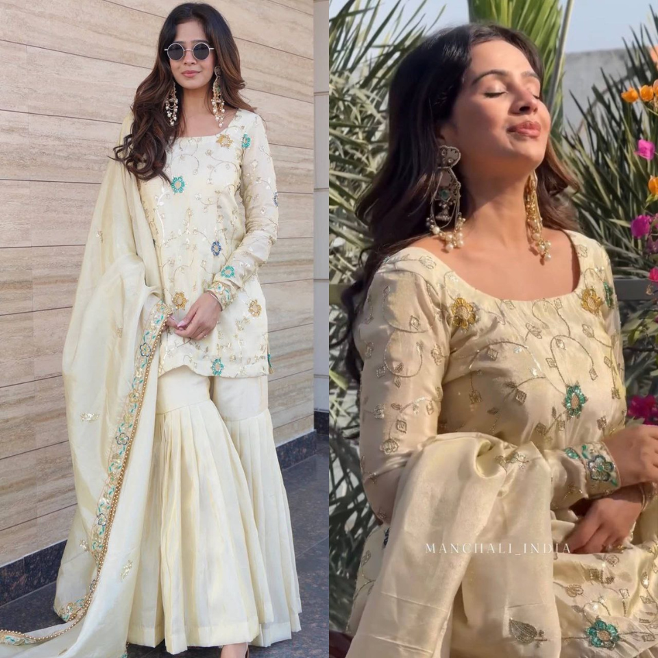 Heavy Pure Chinnon Embroidered Sequence Top with Stitched Sharara & Dupatta