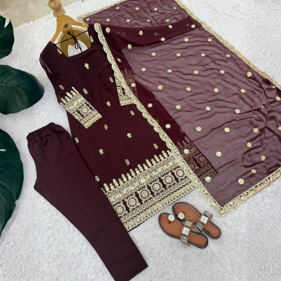 Premium Heavy Georgette Embroidered Sequence Top with Stitched Pant & Dupatta