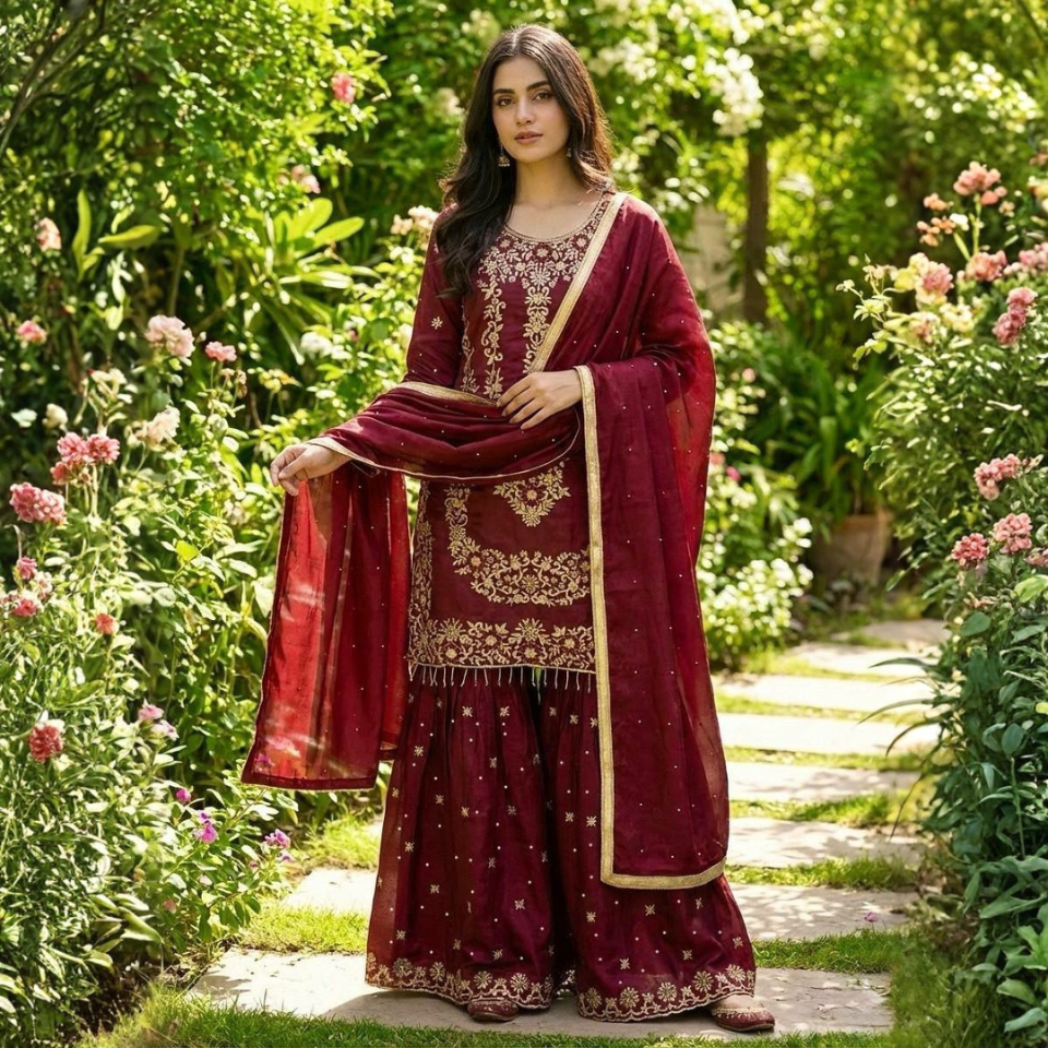 GMY Silk Heavy Embroidered Kurta Sharara Set with Dupatta