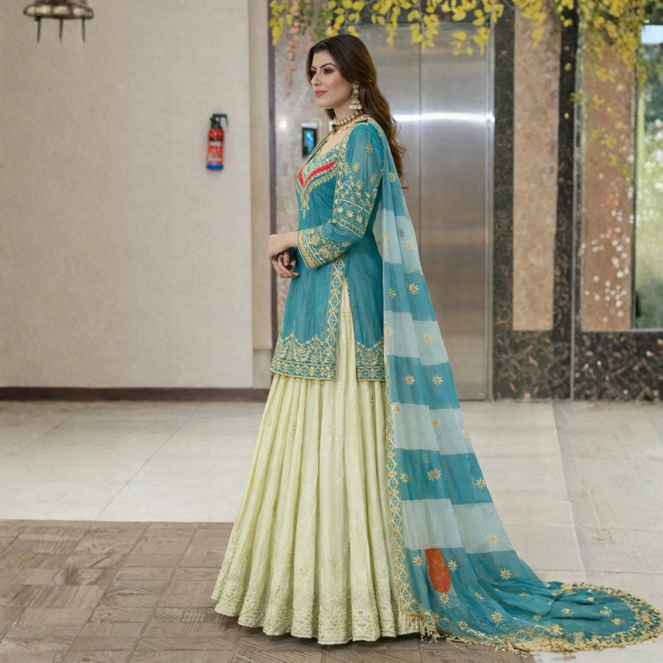 Women’s Fandy Silk Embroidered Top with Crepe Silk Lehenga & Organza Silk Dupatta