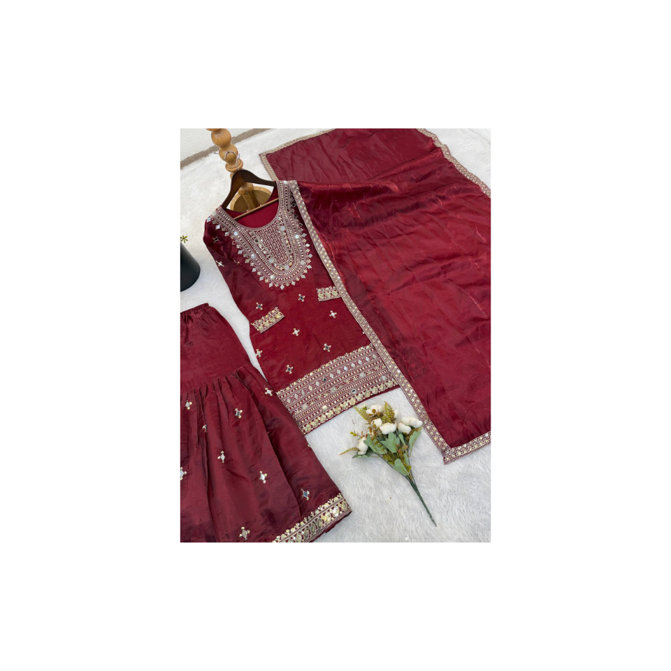 GMY Silk Embroidered Mirror Work Top Sharara Set with Dupatta