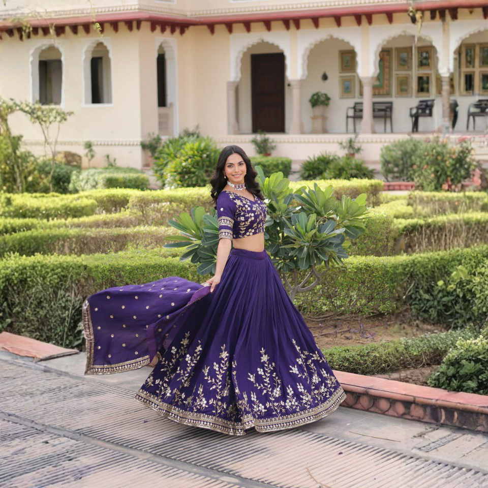 Vichitra Silk Heavy Sequins & Zari Embroidered Lehenga Choli with Designer Dupatta