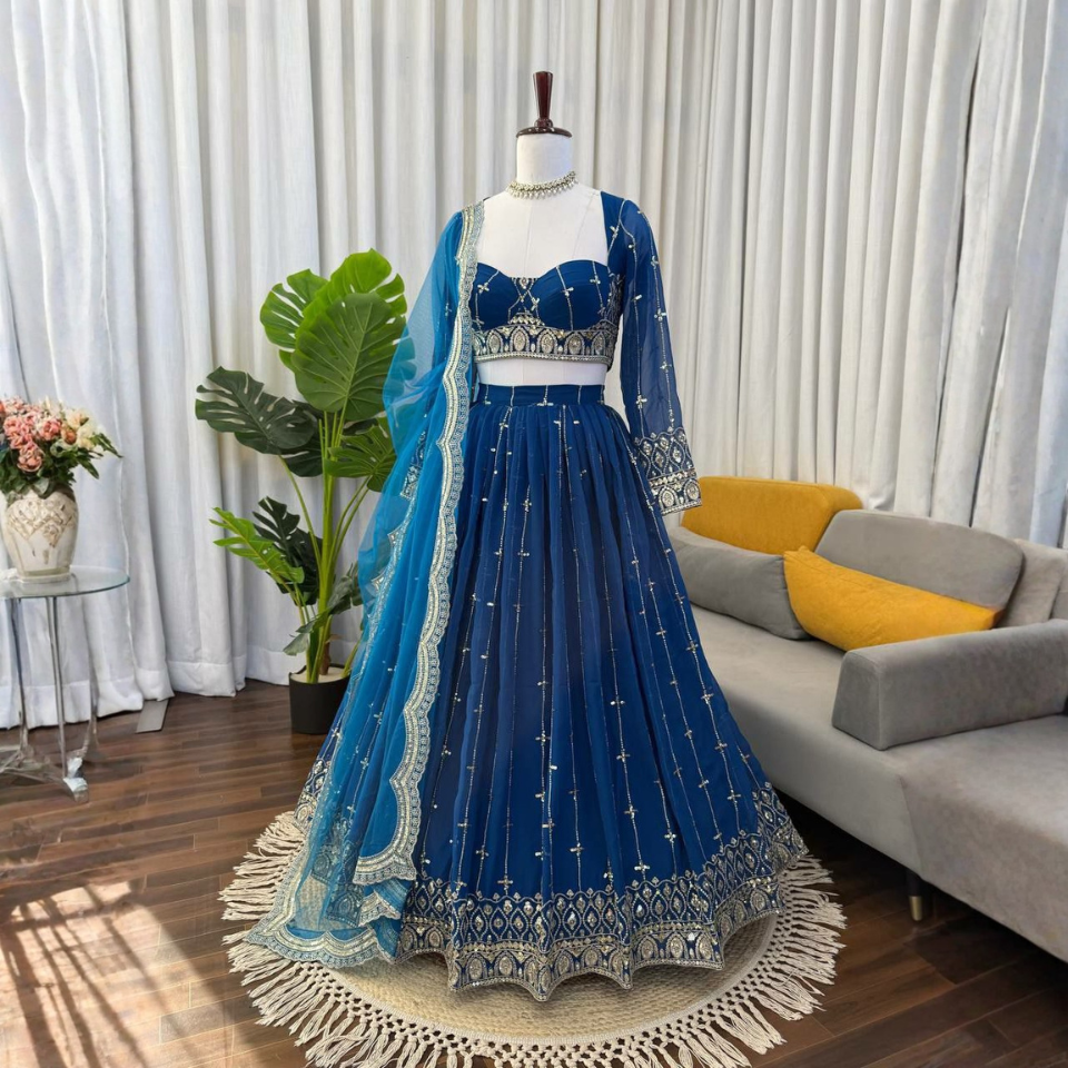 Premium Faux Georgette Embroidered Lehenga Choli with Sequins & Butterfly Net Dupatta