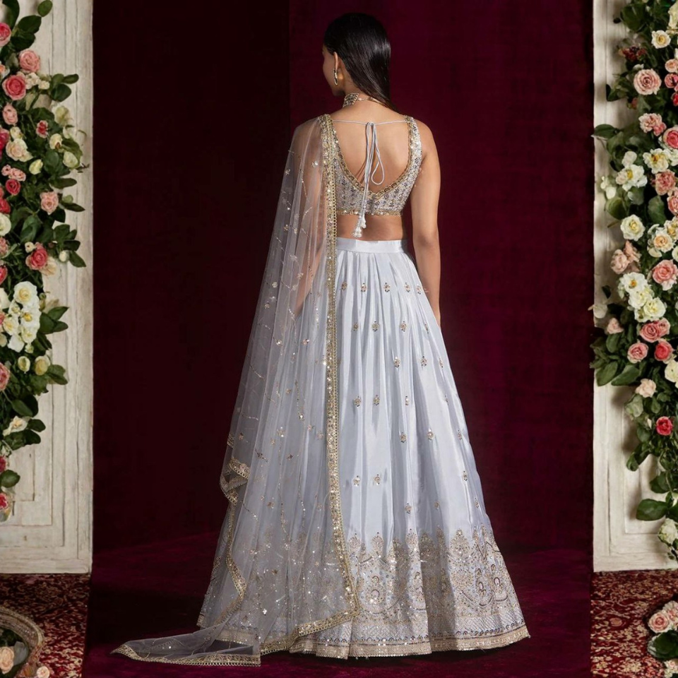 Satin Silk Lehenga with Sequins, Dori and Zari Embroidery Work
