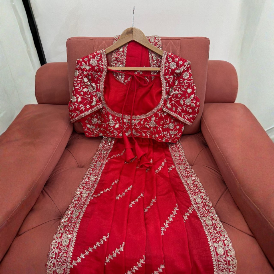 Chinon Silk Saree with Thread and Sequence Embroidery Work