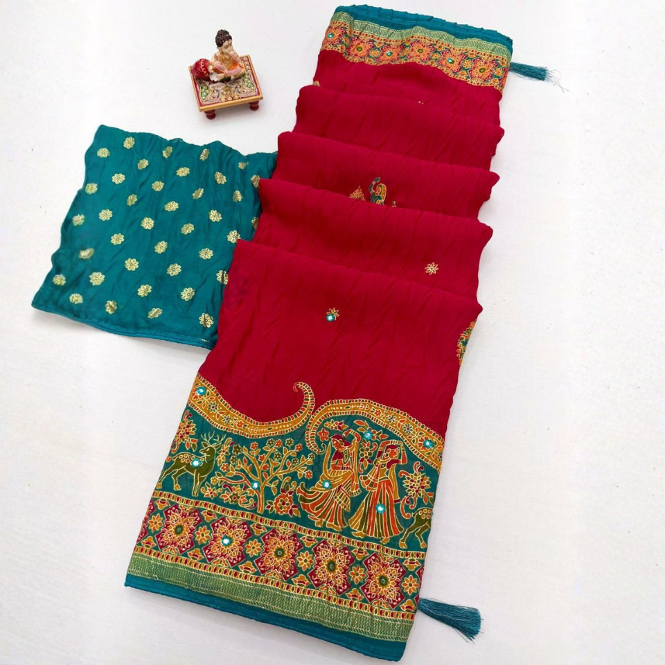 Vintage Foil Work Moss Mellow Georgette Silk Saree with Rich Tassel Pallu