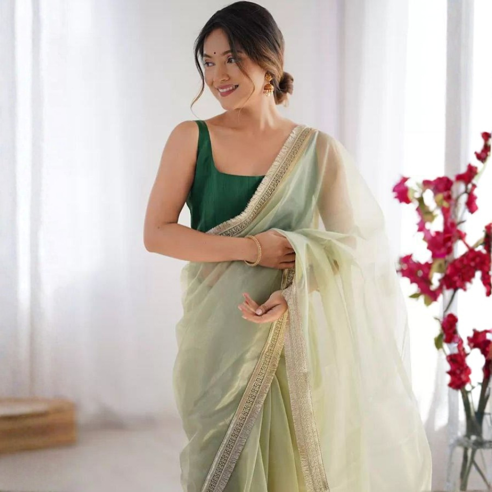 Twill Net Fancy Lace Border Party Wear Saree with Mono Banglori Blouse