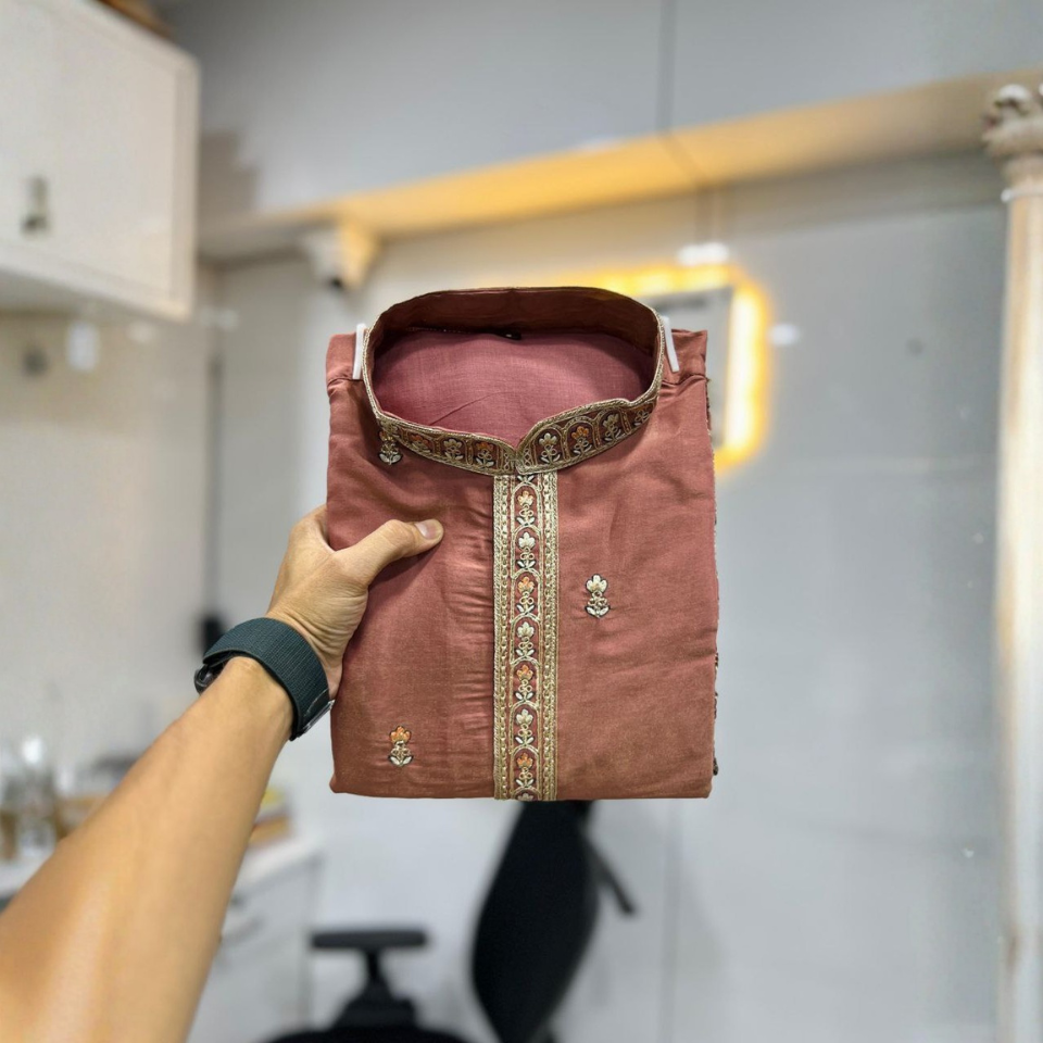 Men’s Roman Shimmer Embroidered Kurta with Heavy Daman & Golden Sequence Work