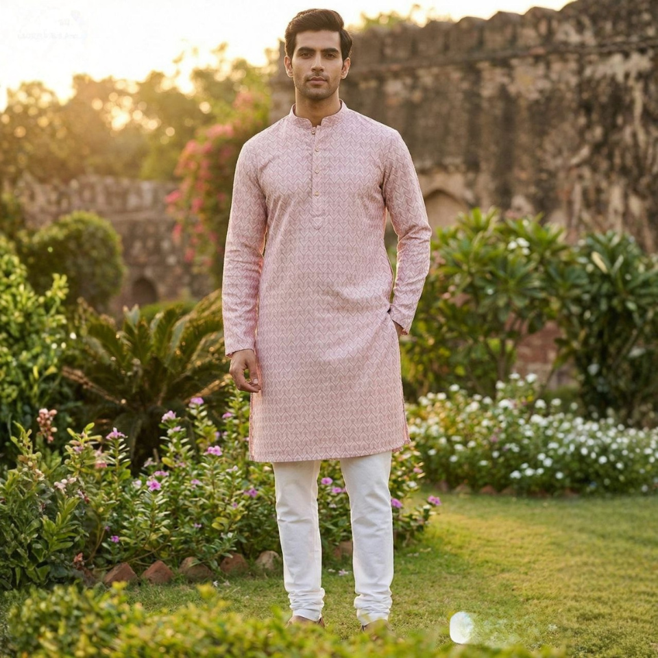 Men’s Silk Kurta Set with All-Over Work and Raymond Cotton Pyjama
