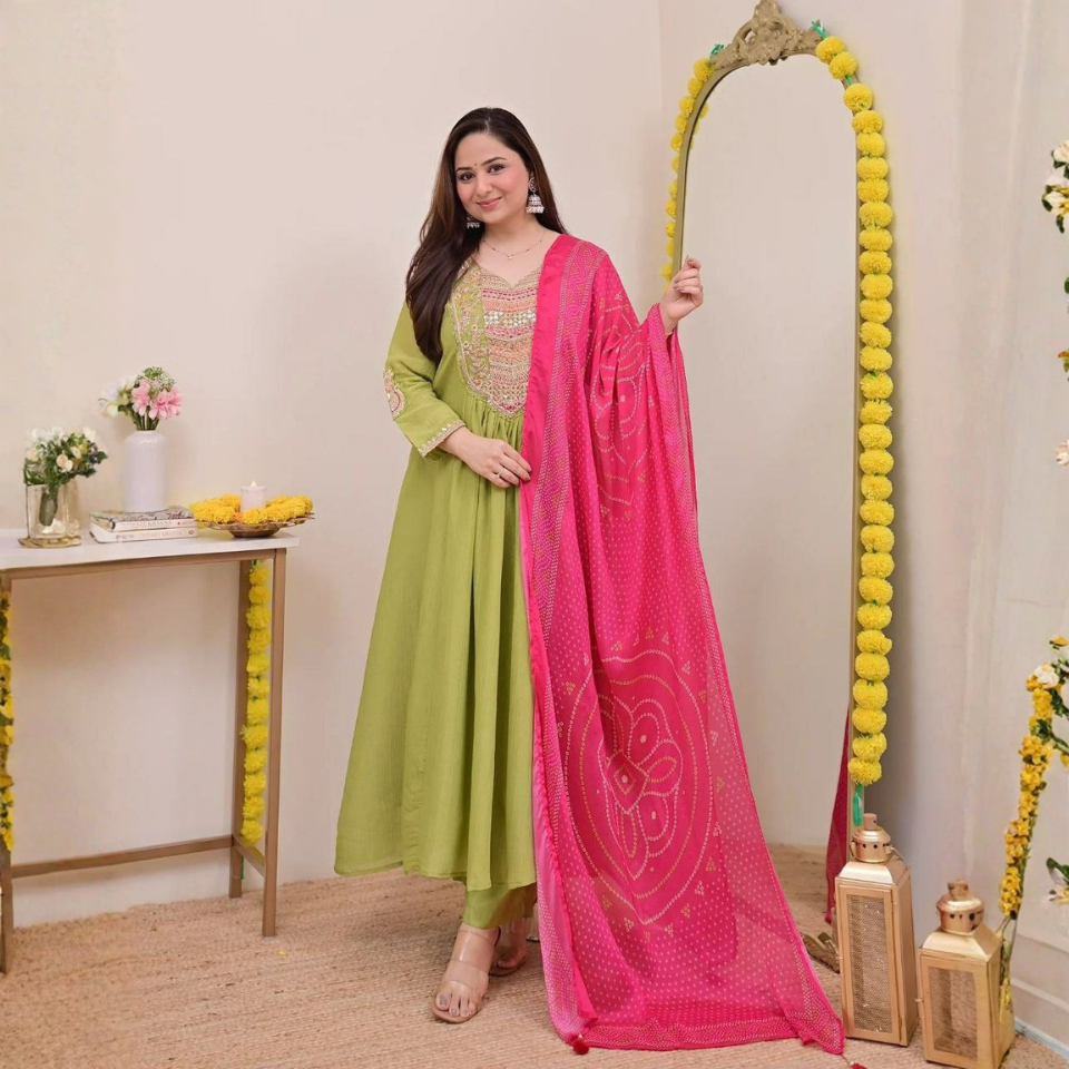 CP Vichitra Silk Embroidered Kurti Bottom Set with Printed Silk Dupatta