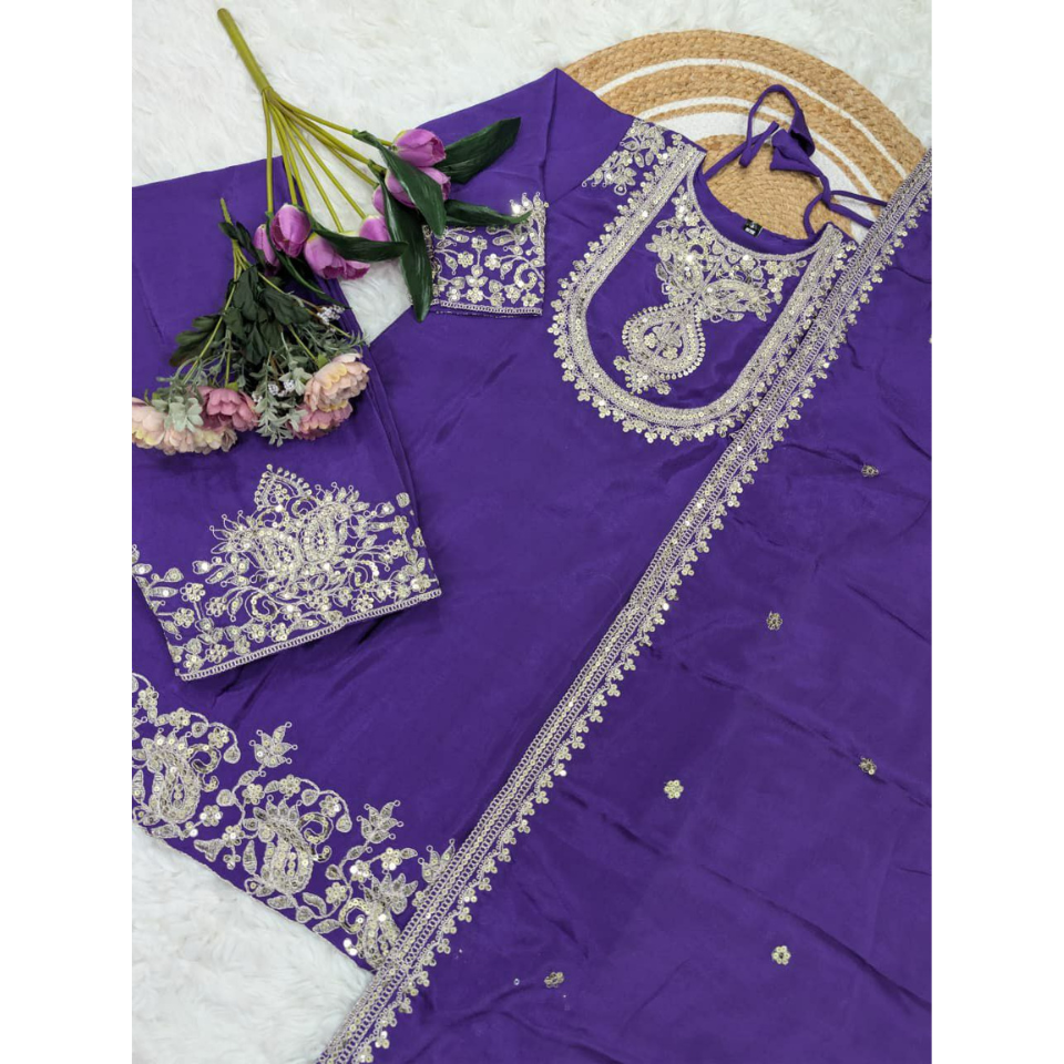 Viscose Chinon Silk Embroidered Kurti Set with Dupatta