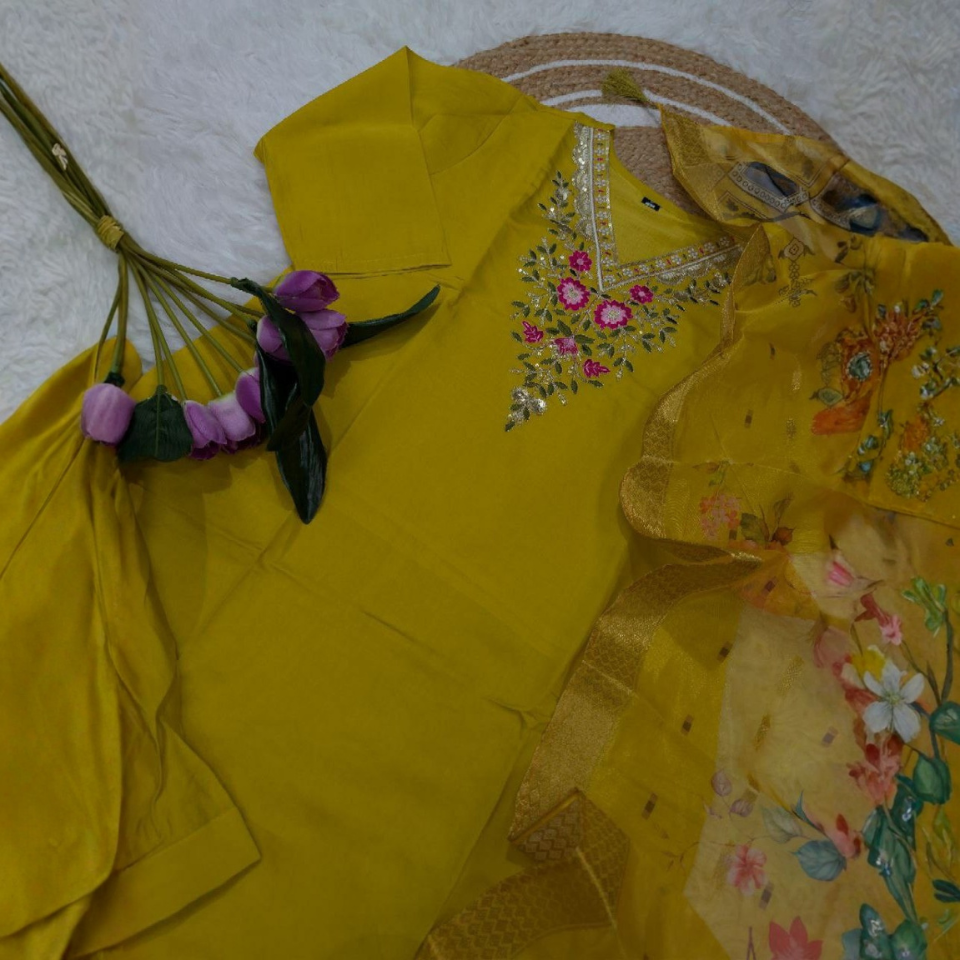 Pure Viscose Chanderi Sequin Embroidered Suit with Heavy Jacquard Dupatta