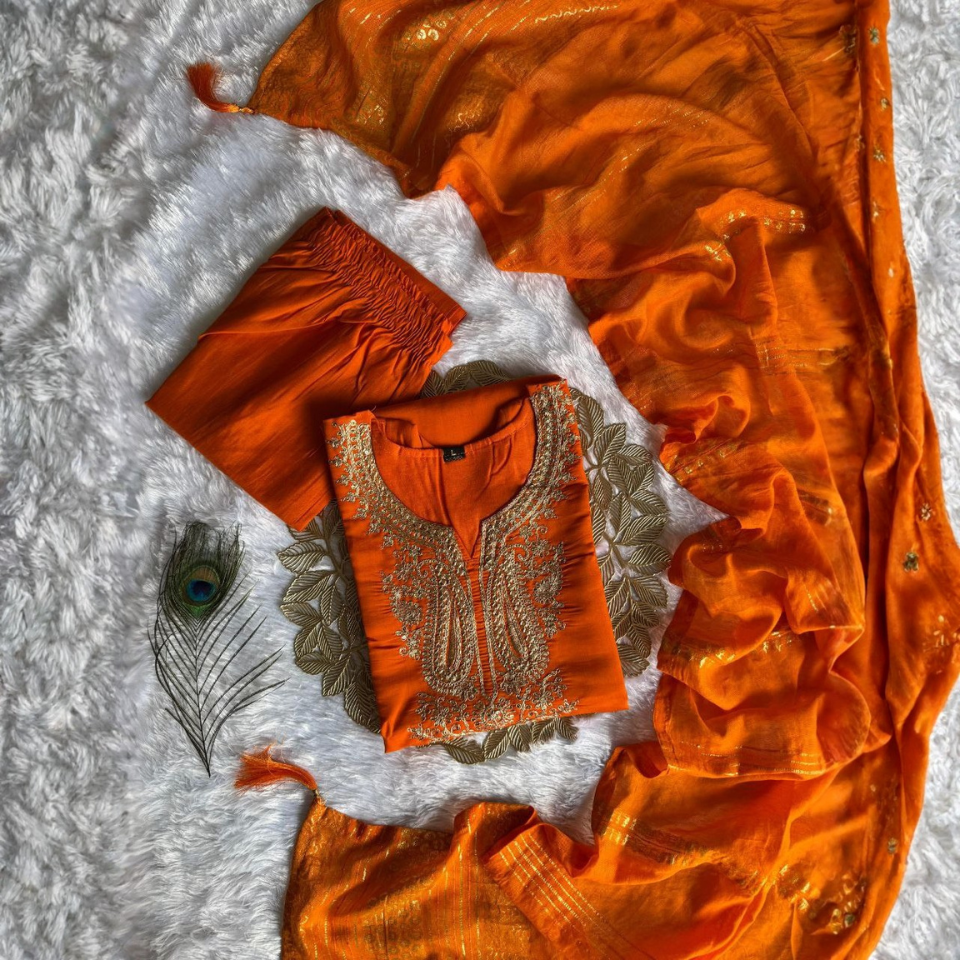 Roman Silk Embroidered Kurti Pant Set with Cotton Silk Dupatta