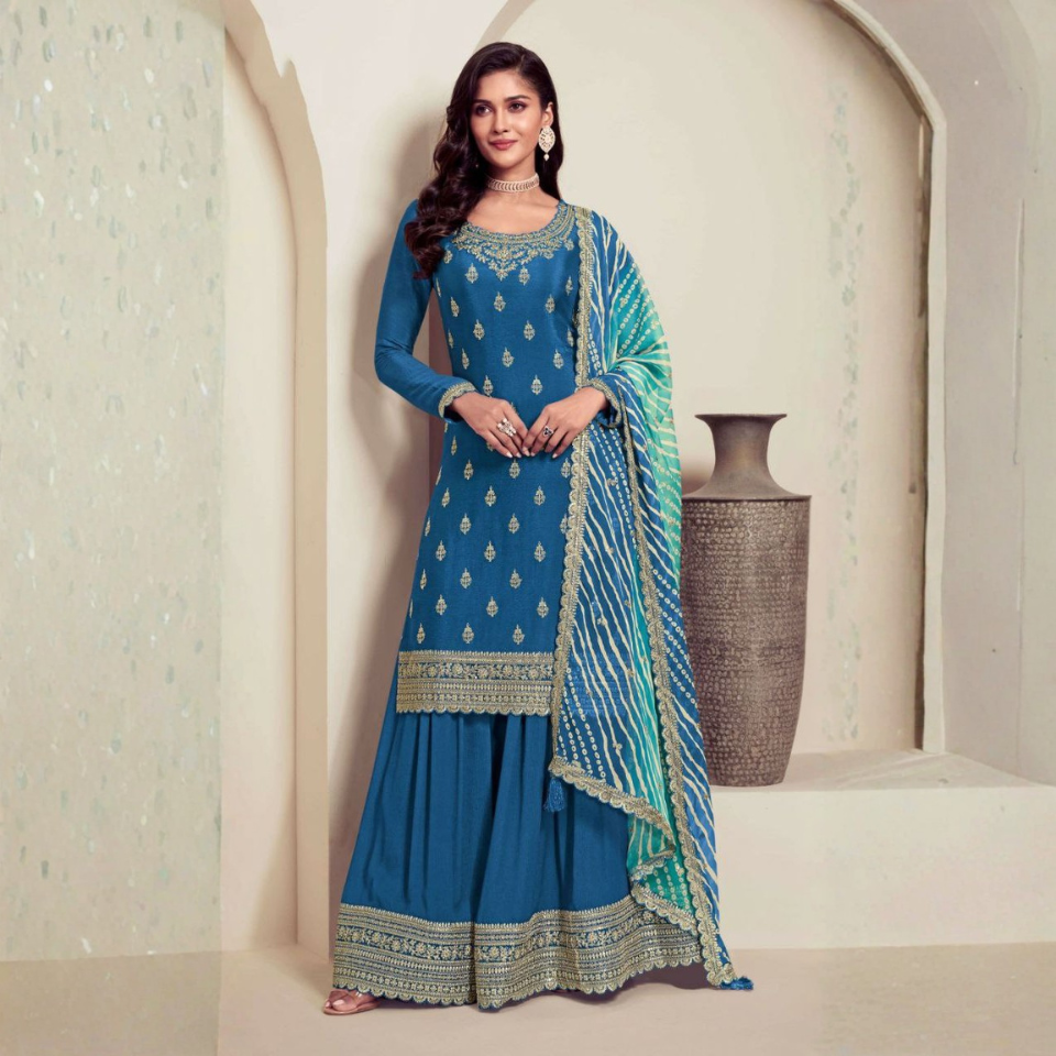 Women’s Viscose Chinon Embroidered Kurta Plazo Set with Printed Chiffon Dupatta