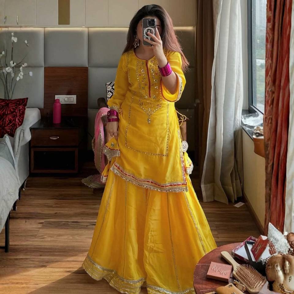 Pure Kundan Organza Silk Embroidered Top Plazzo Suit with Lace Border Dupatta