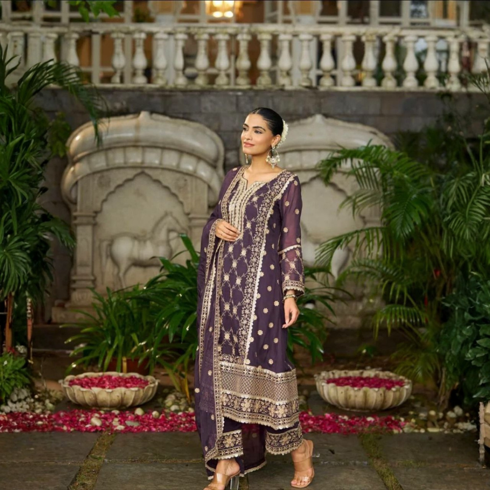 Premium Pure Chinnon Embroidered Sequence Work Suit Set
