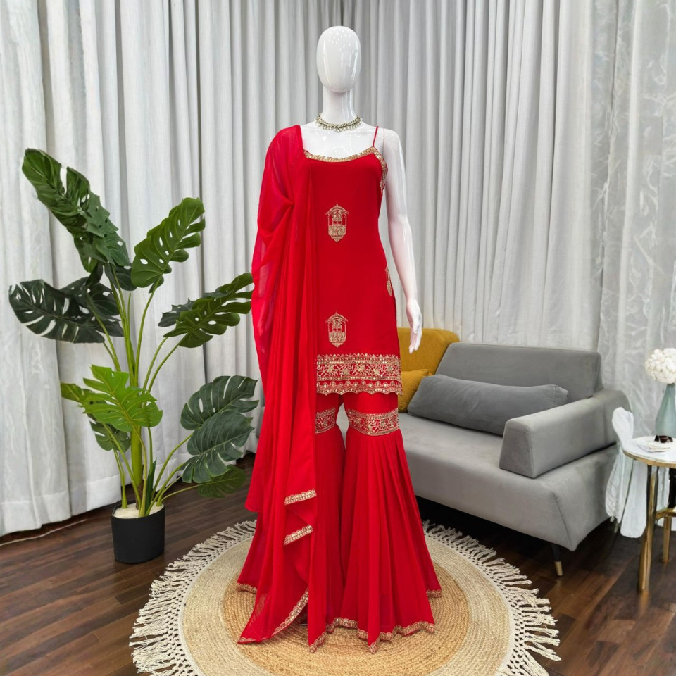 Designer Faux Georgette Sharara Set with Thread and Sequin Embroidery