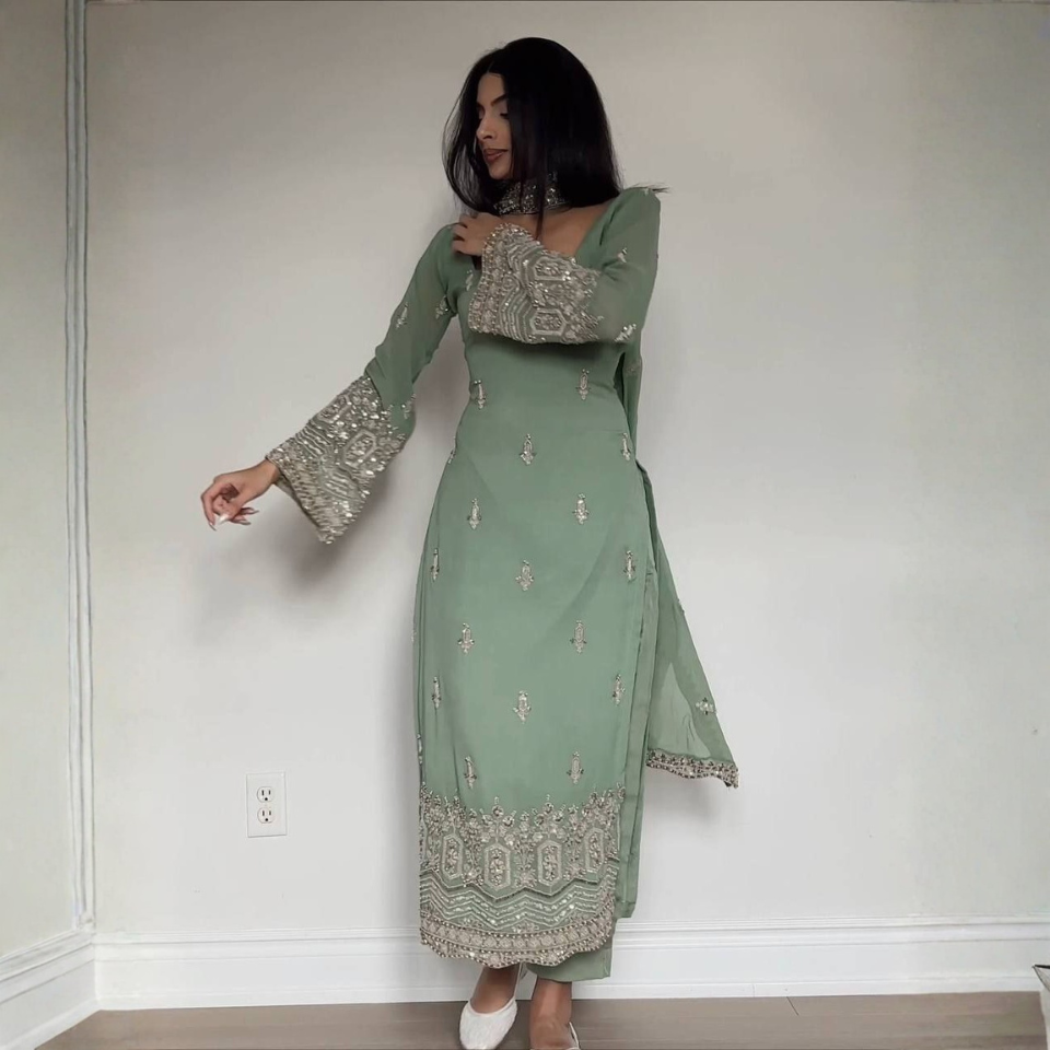 Heavy Faux Georgette Embroidered Long Kurta Set with Silk Bottom and Designer Dupatta