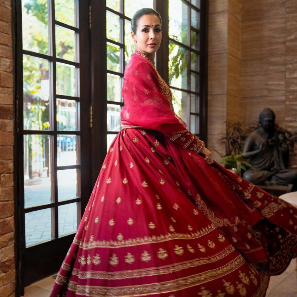 Chinon Silk Embroidered Gown Set with Palazzo & Georgette Dupatta