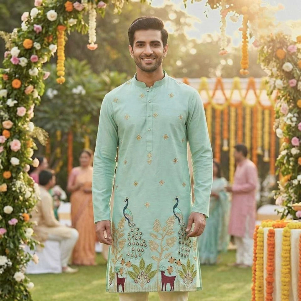 Pure Silk Party Wear Kurta Set with Sequins Work