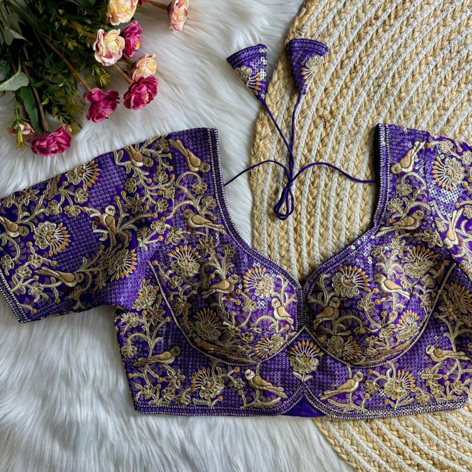 Heavy Roman Silk Partywear Blouse with Jari Sequence & Coding Thread Work