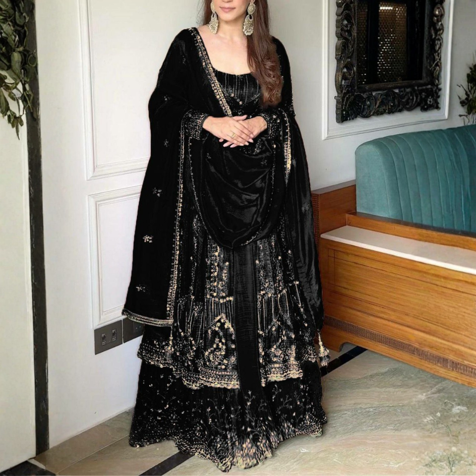 Heavy Crunchy Silk Embroidered Gown Lehenga Dupatta Set with Full Sleeves