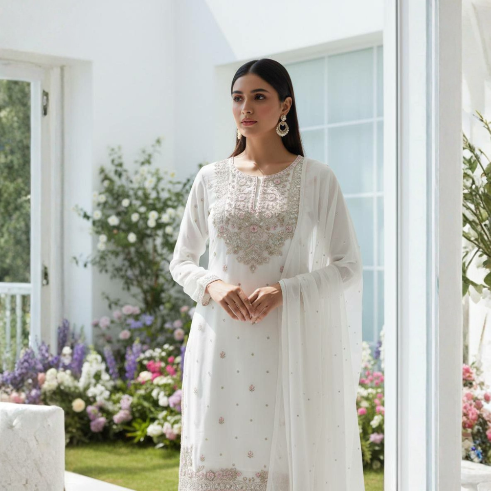 Women’s Heavy Faux Georgette Embroidered Palazzo Suit Set with Dupatta