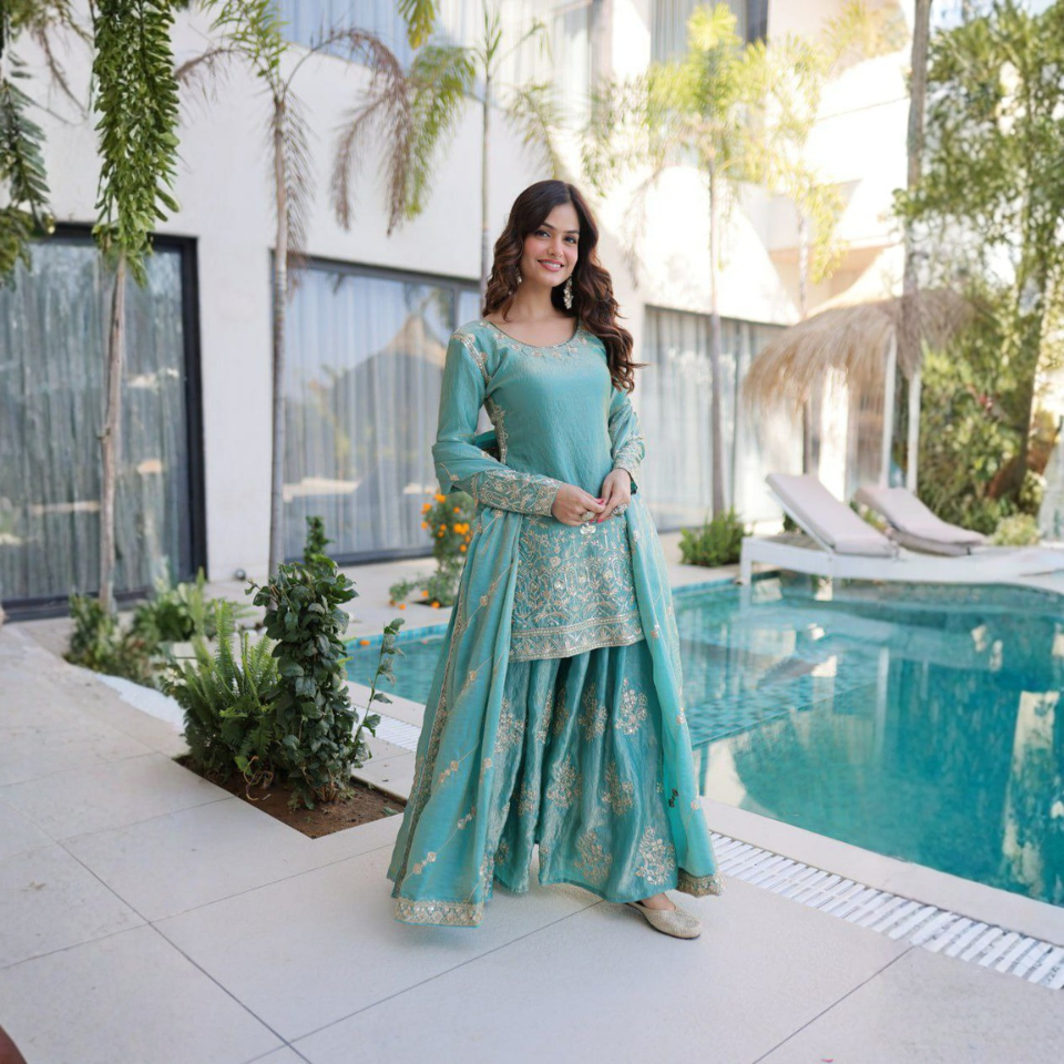 Fendi Crush Embroidered Kurti Sharara Set with Zari & Sequins Work