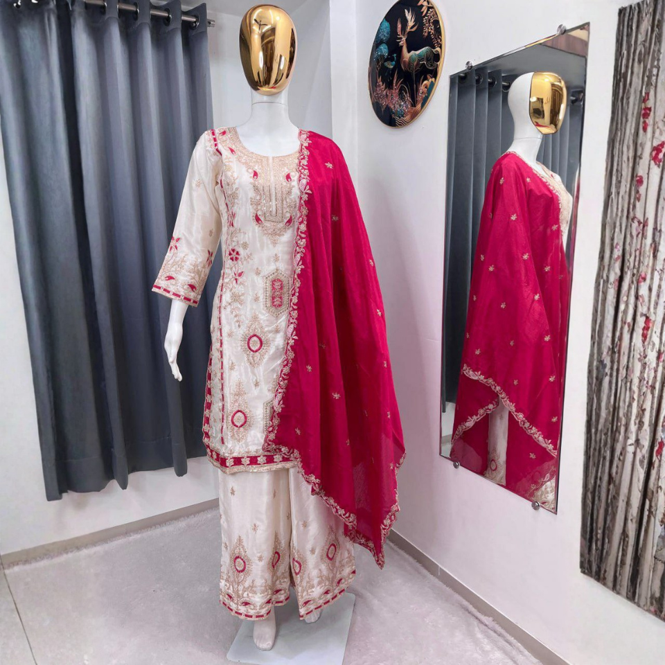 Eid Special Chinon Silk Embroidered Sequins Kurti Palazzo Dupatta Set