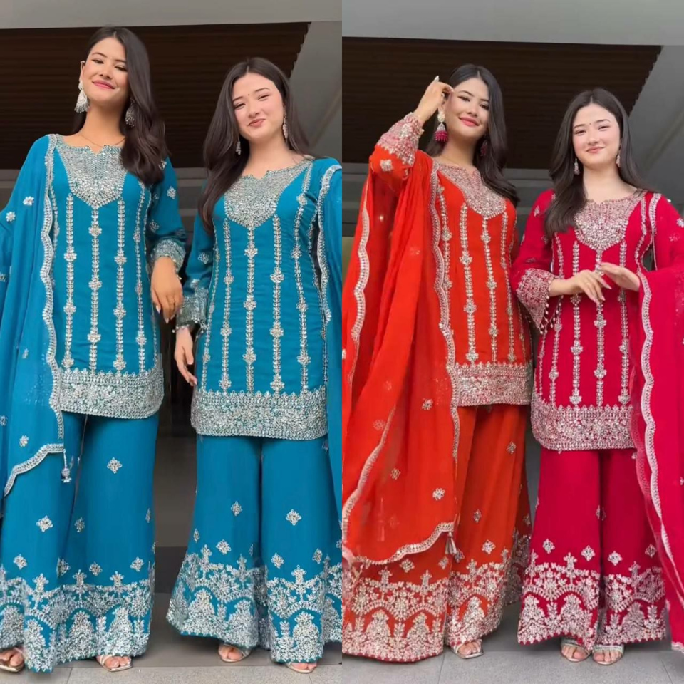 Premium Chinnon Silk Embroidered Kurti Plazzo Set with Lace Border Dupatta