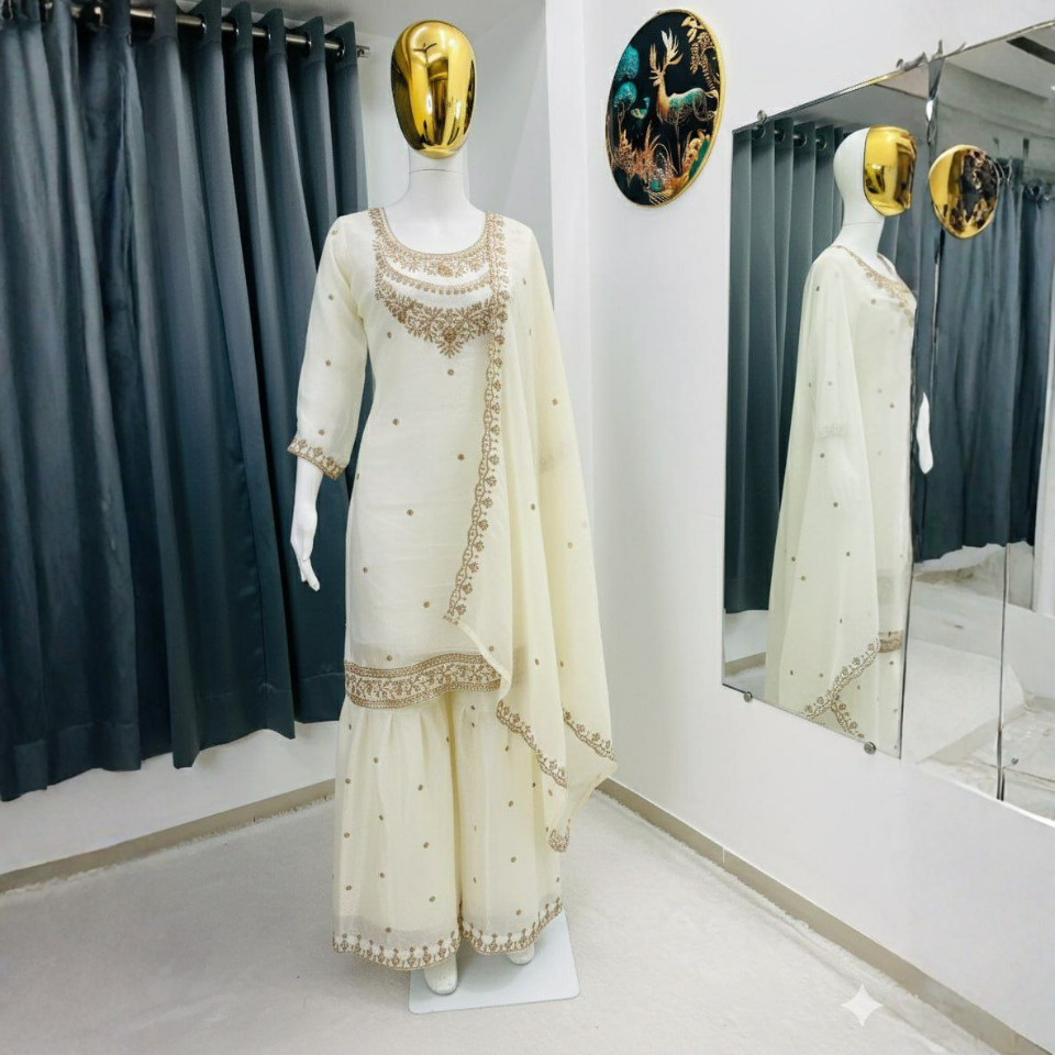 Fendy Fabric Heavy Embroidery Sequence Work Sharara Set with Dupatta