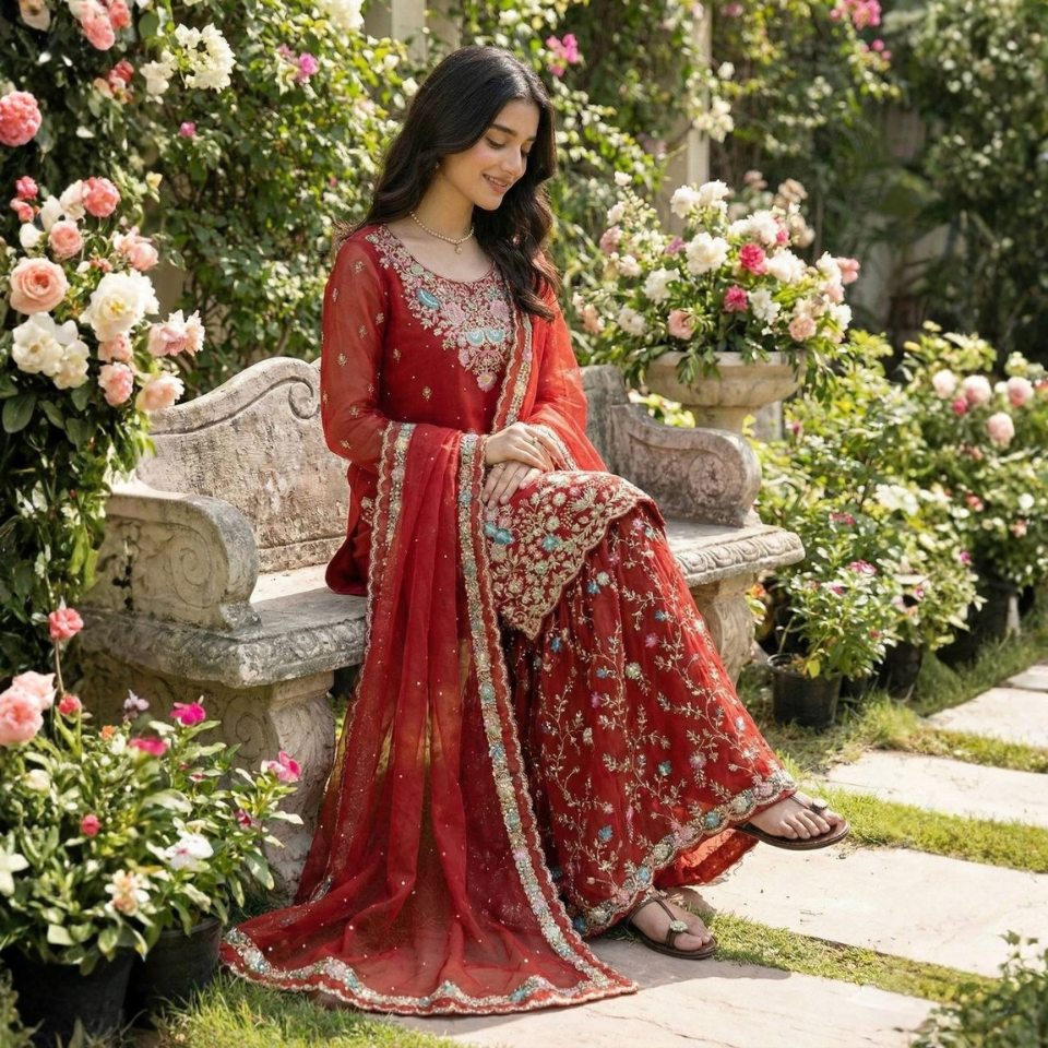 Premium Pure GMY Silk Embroidered Sequins Top-Plazzo Suit with Dupatta