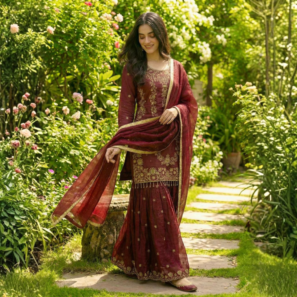 GMY Silk Heavy Embroidered Kurta Sharara Set with Dupatta