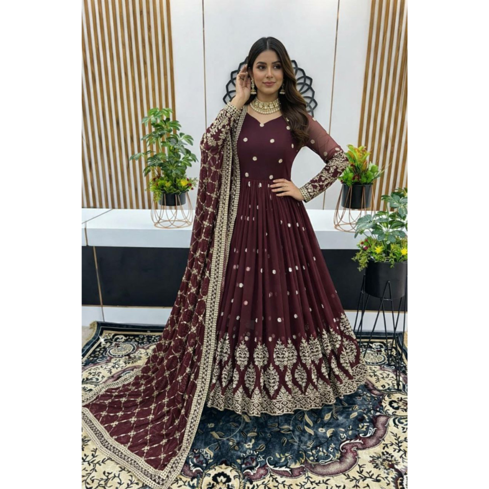 Heavy Faux Georgette Embroidered Ready-to-Wear Gown with Dupatta