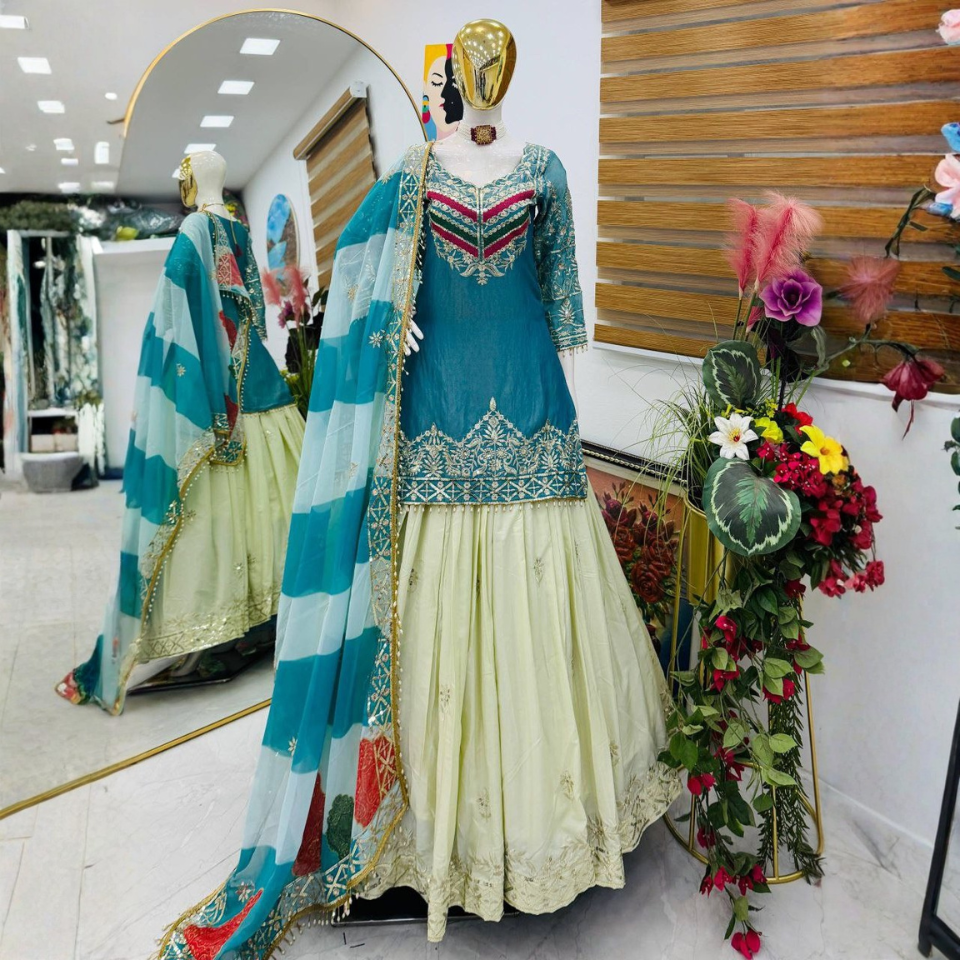 Women’s Fandy Silk Embroidered Top with Crepe Silk Lehenga & Organza Silk Dupatta