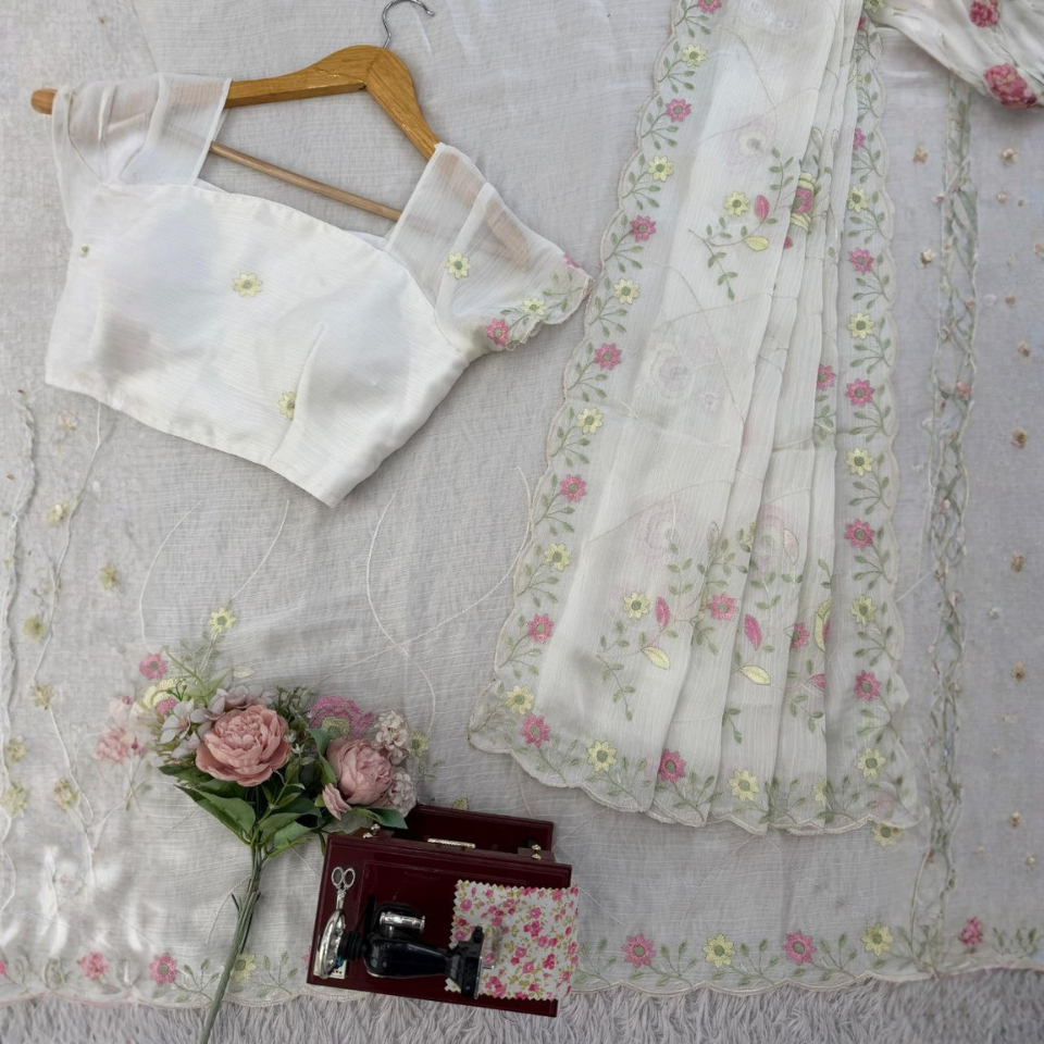 Heavy Chiffon Saree with Intricate Thread Work & Matching Unstitched Blouse