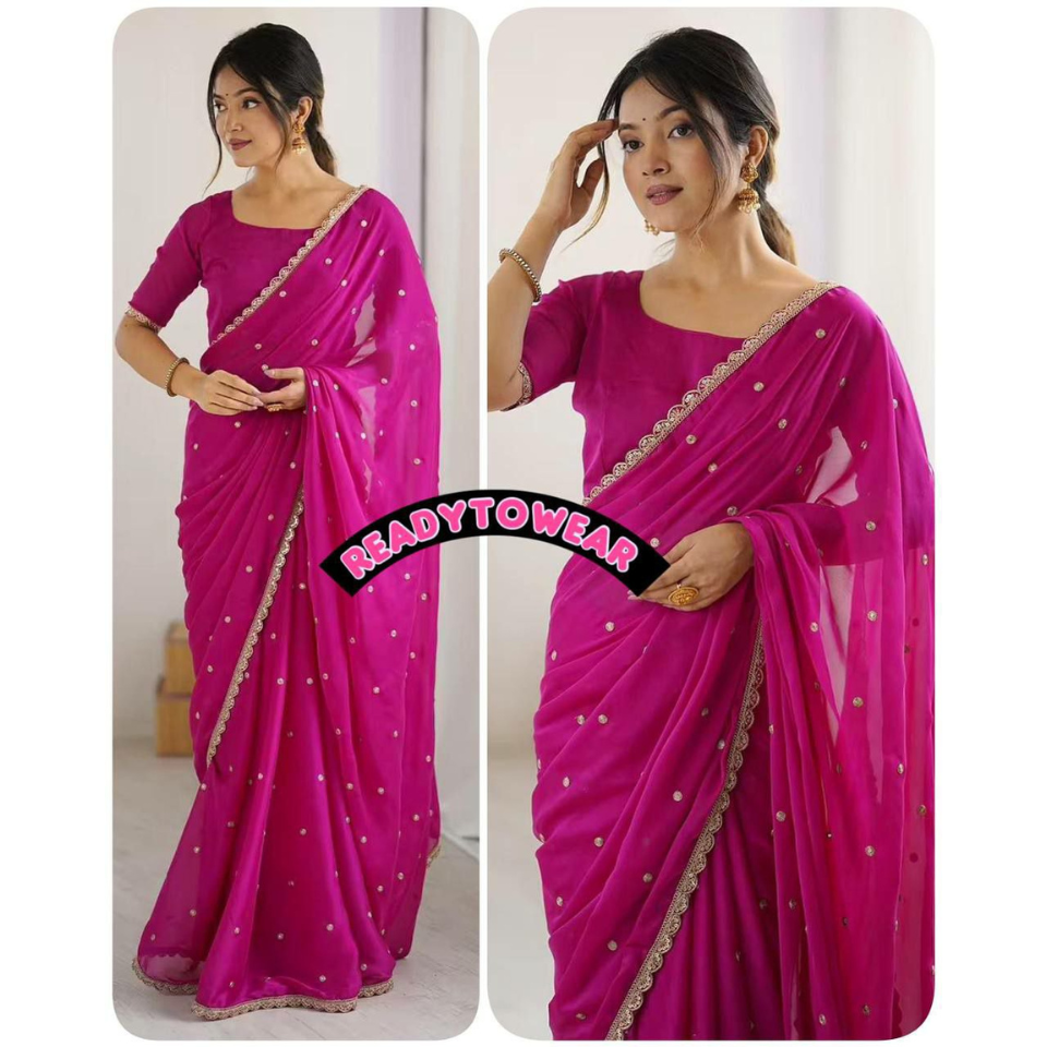 Rangoli Silk Readymade Saree with Embroidered Butti and Sequence Work