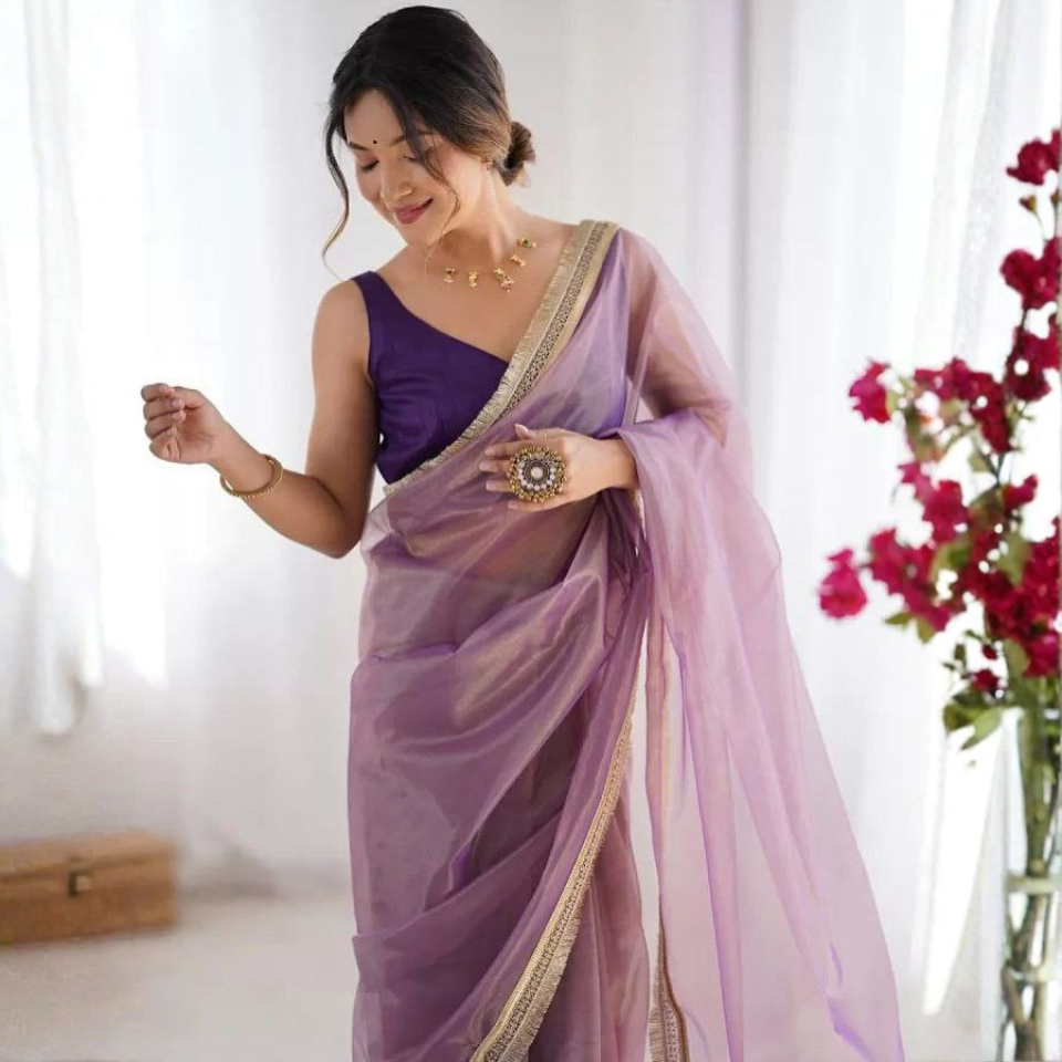 Twill Net Fancy Lace Border Party Wear Saree with Mono Banglori Blouse