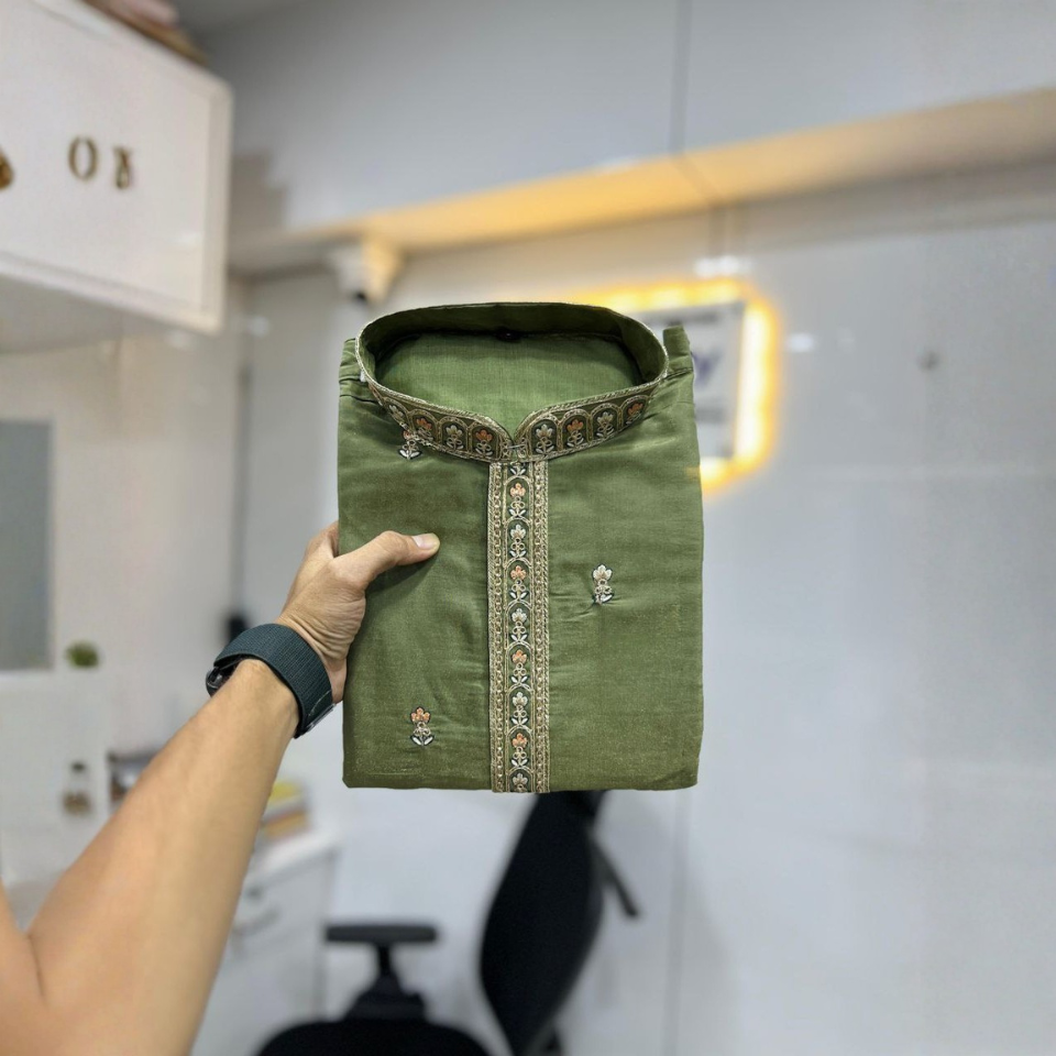 Men’s Roman Shimmer Embroidered Kurta with Heavy Daman & Golden Sequence Work